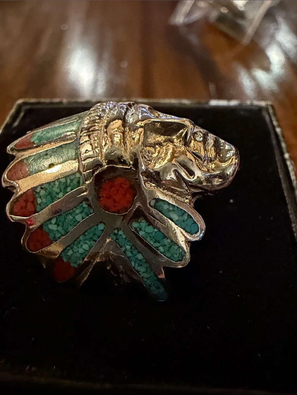 Silver-Tone Native Chief Ring with Turquoise and Red Coral Inlay Size 8